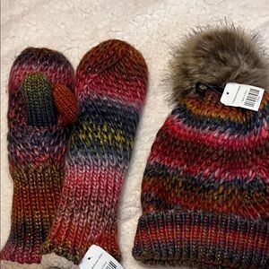NWT Colorful Knit Hat and Mittens Set